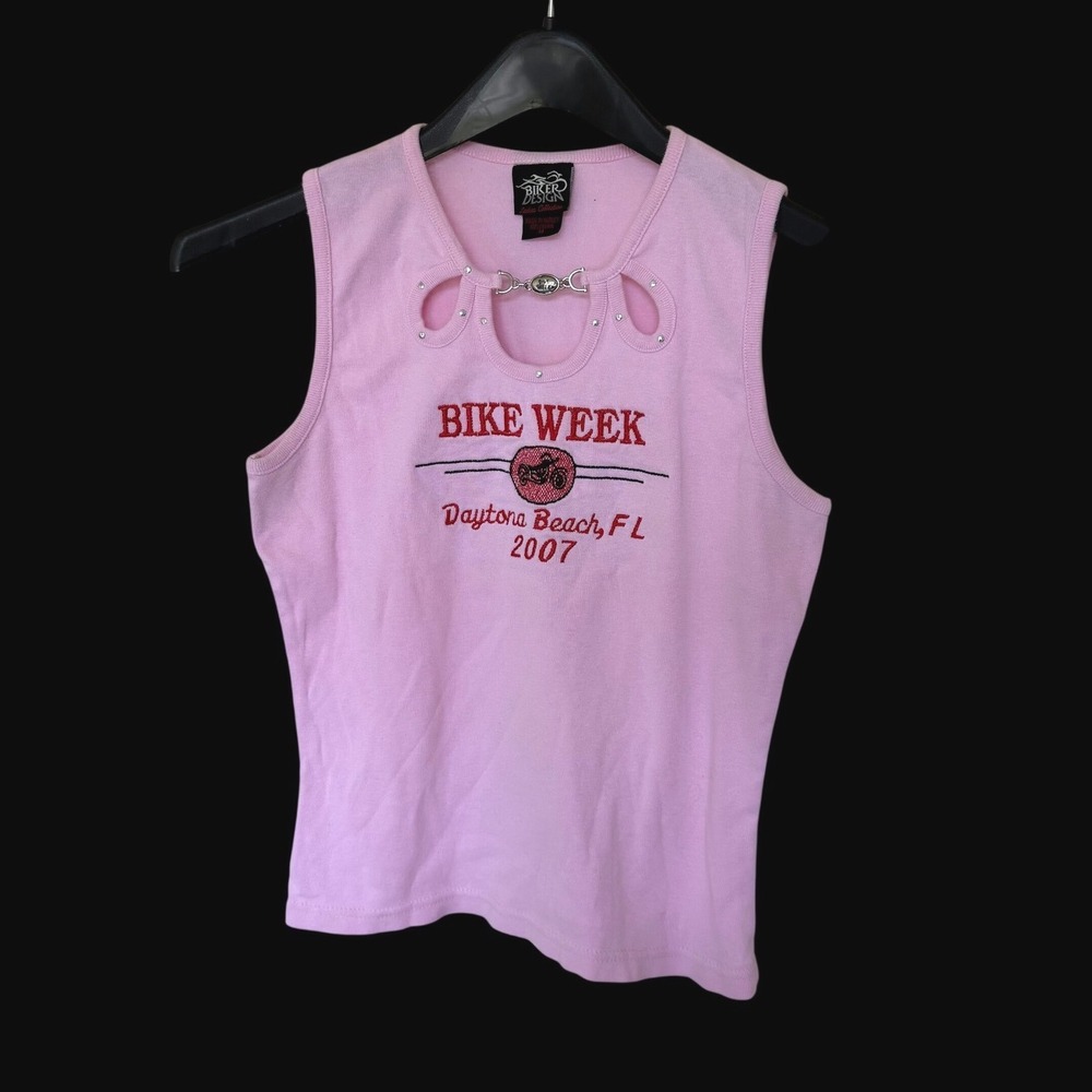 Y2K Biker Design Pink Daytona Beach Mcbling 2007 Cutout Tank‎ Top Womens Medium